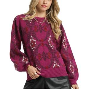 NEW Umgee Boho Patterned Long Sleeve Sweater Bohemian Cottagecore